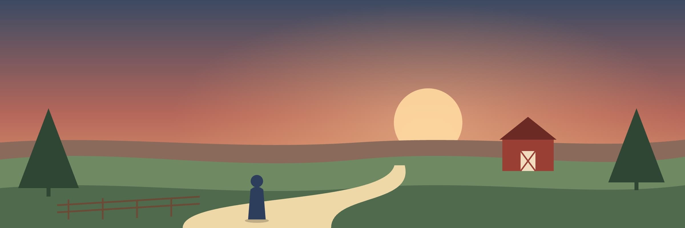 A country road leading toward a red barn on rolling hills at sunset