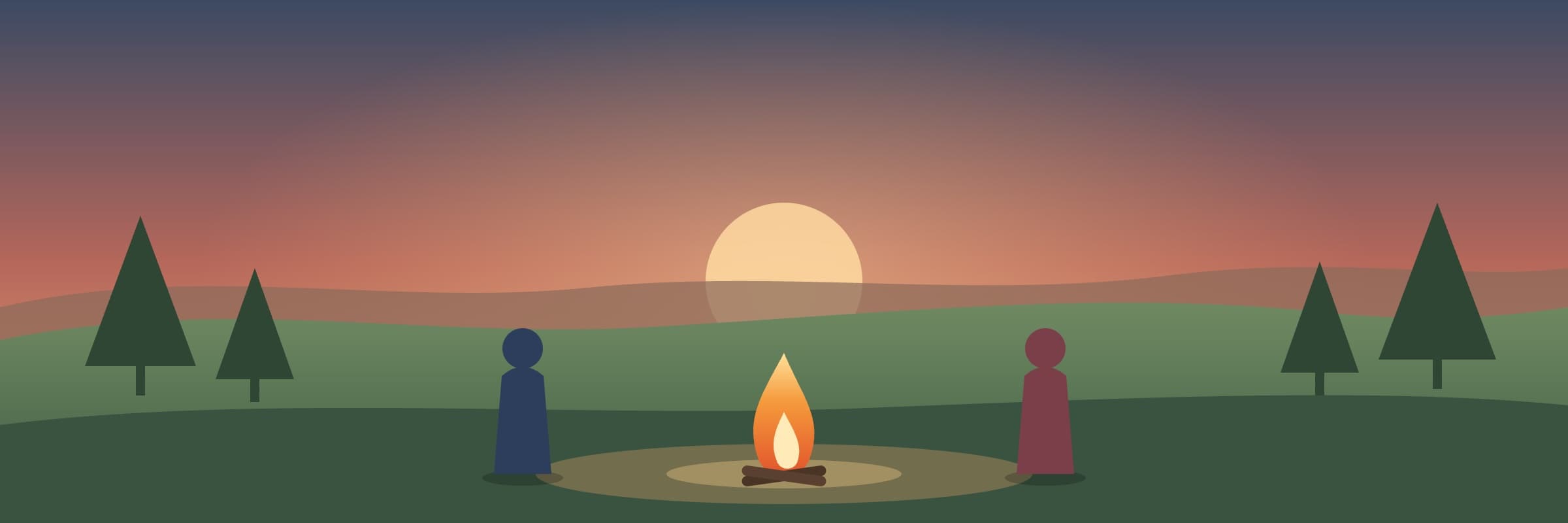 Two people sitting apart on either side of a small campfire at sunset