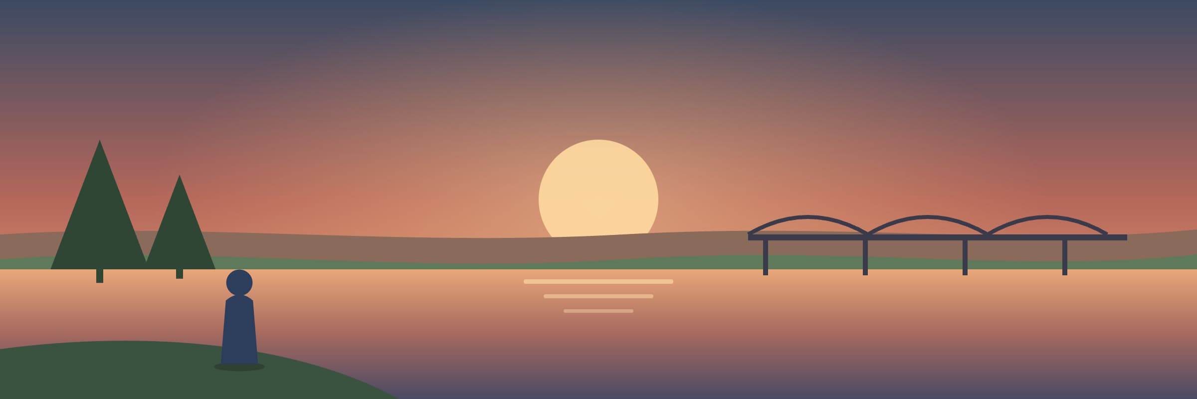 A person beside a Missouri river with a bridge at sunset