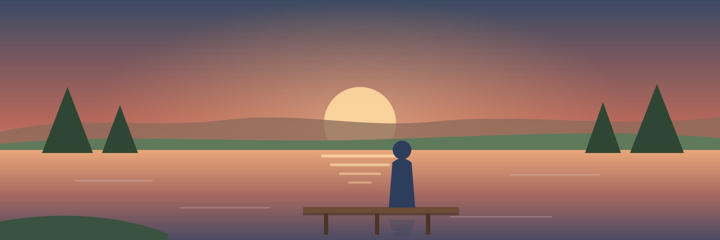 A person standing on a dock looking out over a still lake at sunset